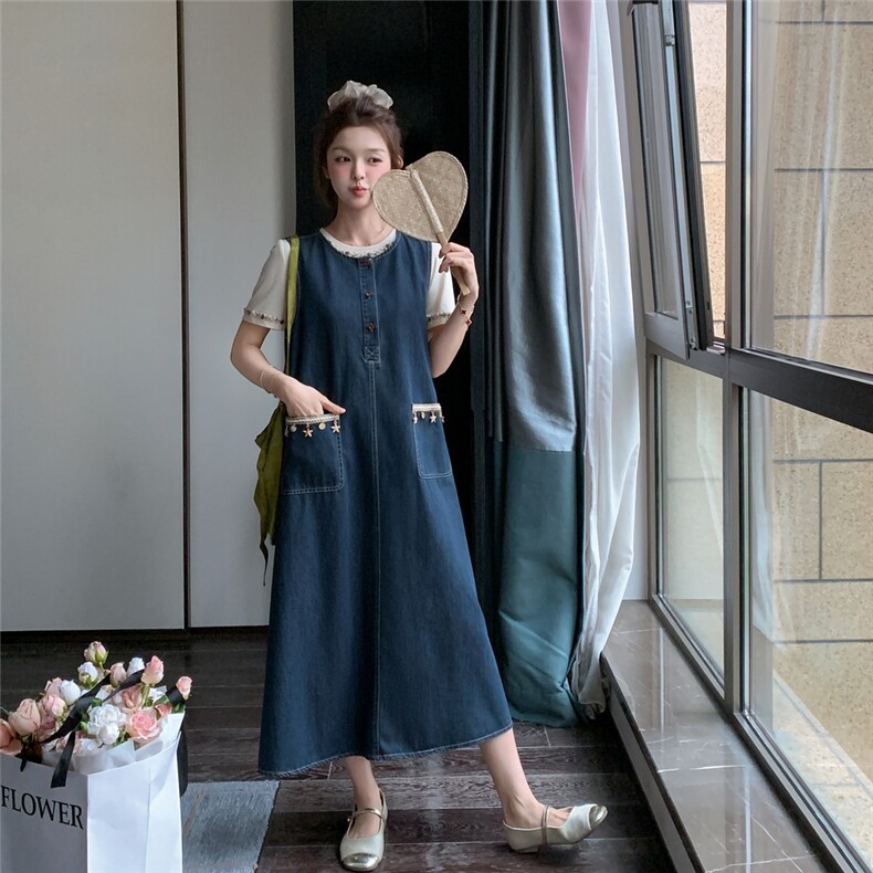 深蓝色牛仔连衣裙套装女2025夏季新款学院风减龄T恤背心裙两件套图片