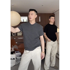 复古坑条纹针织透气轻柔休闲百搭打底纯色短袖上衣9615/P45，男装T恤，电商A243