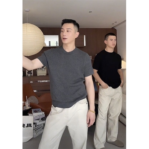 复古坑条纹针织透气轻柔休闲百搭打底纯色短袖上衣9615/P45图片