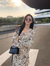 2022秋季新款收腰显瘦印花大花鱼尾裙摆连衣裙，女装连衣裙，荷塘月色