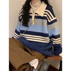 秋冬日系复古慵懒风宽松软糯拼色条纹POLO领针织衫毛衣MY309-P65，男装针织衫/毛衣，星座308B-2