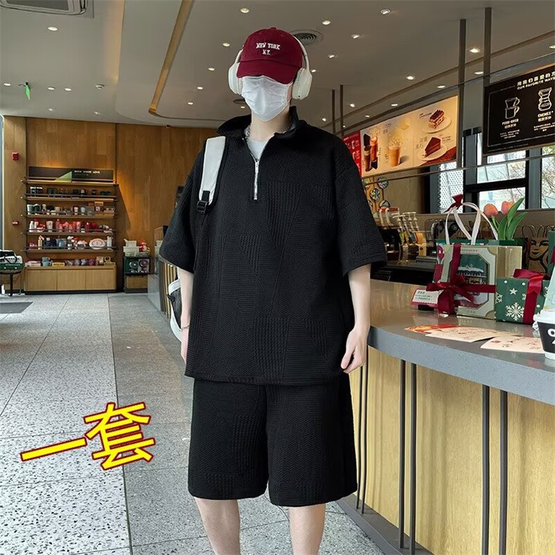 夏季大码潮牌提花翻领半拉链POLO衫男宽松潮流痞帅薄款运动两件套图片