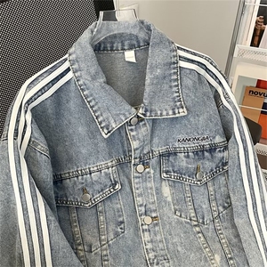 拼接条纹牛仔夹克宽松男士衣服春秋季美式设计感工装外套 J69图片