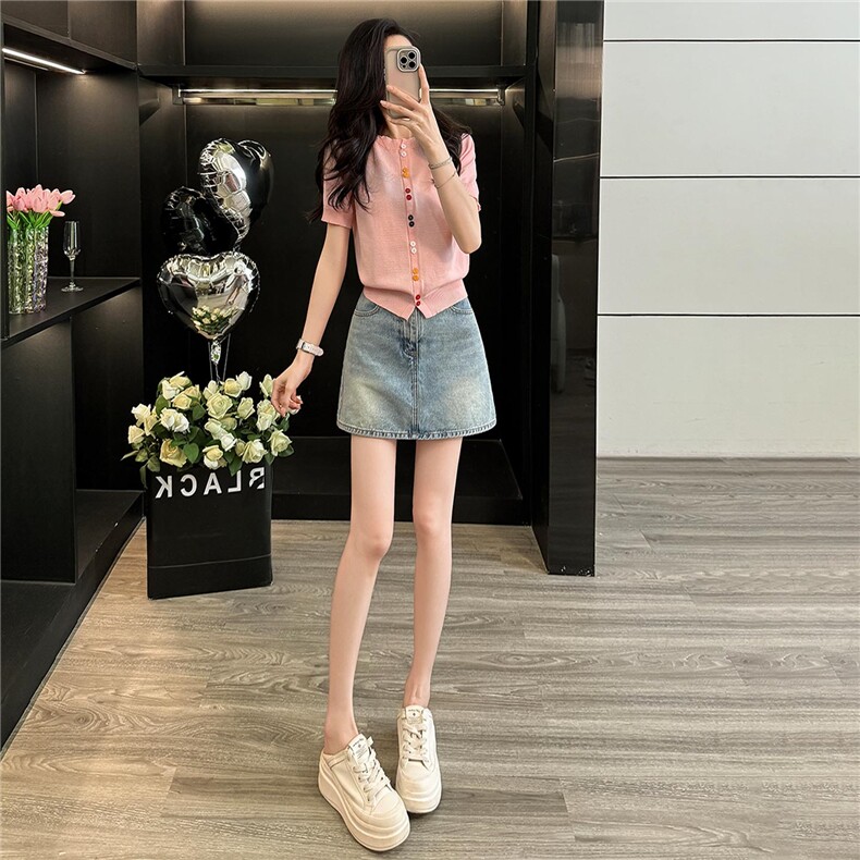 潮牌时尚休闲套装女夏季新款圆领彩色纽扣针织衫短袖牛仔裙两件套,女装套装/套裙,江南