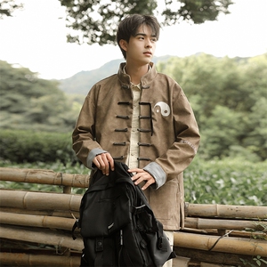 港风大码新中式潮PU皮太极刺绣复古盘扣休闲唐装加厚外套JK94,男装民族服装,星座305A（原312A-1）