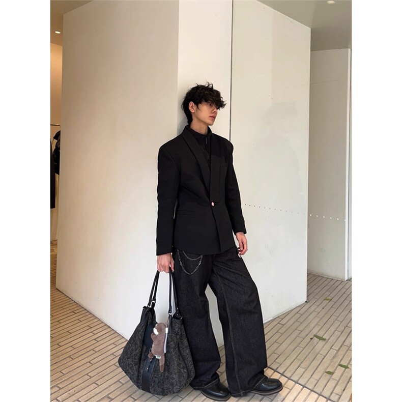 网图青果领黑色西装外套男解构设计高级痞帅收腰西服XZ26P118，男装西服套装，星座512-1（原513-3）