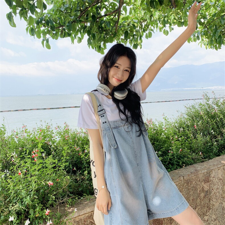 182-8563-P130-K188-蓝色牛仔背带裤T恤两件套，女装连体裤，帛香坊