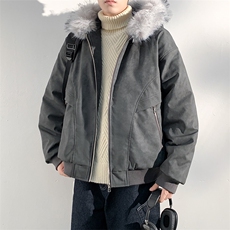 现货扎染PU皮棉服男冬季加厚连帽棉衣座山雕大毛领外套M090-P120，男装棉衣，星座308B-2