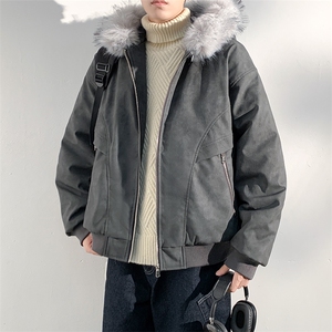 现货 扎染PU皮棉服男冬季加厚连帽棉衣座山雕大毛领外套M090-P120图片