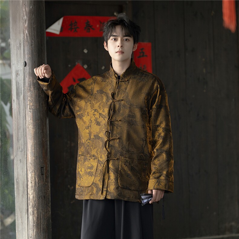 秋冬新品风复古浮光锦缎提花立领宽松大码盘扣唐装外套JK208，男装民族服装，星座305A（原312A-1）