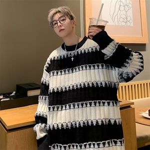 条纹拼色毛衣秋冬季宽松慵懒高级感针织衫上衣青少年男生帅气毛衣图片
