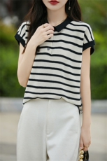 2025年夏季短袖直筒型条纹翻领气质百搭T恤，女装T恤，斯美雅电商供货