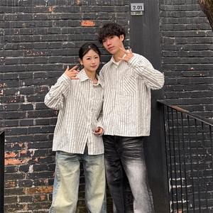 美式潮牌高街复古泡泡纱竖条纹日系肌理长袖衬衫男女休闲宽松衬衣图片