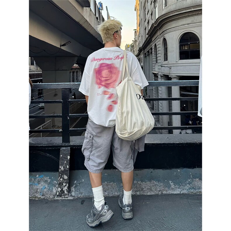 抖音得物供货210克现货宽松纯棉美式潮牌印花落肩袖纯棉T恤AT2186图片