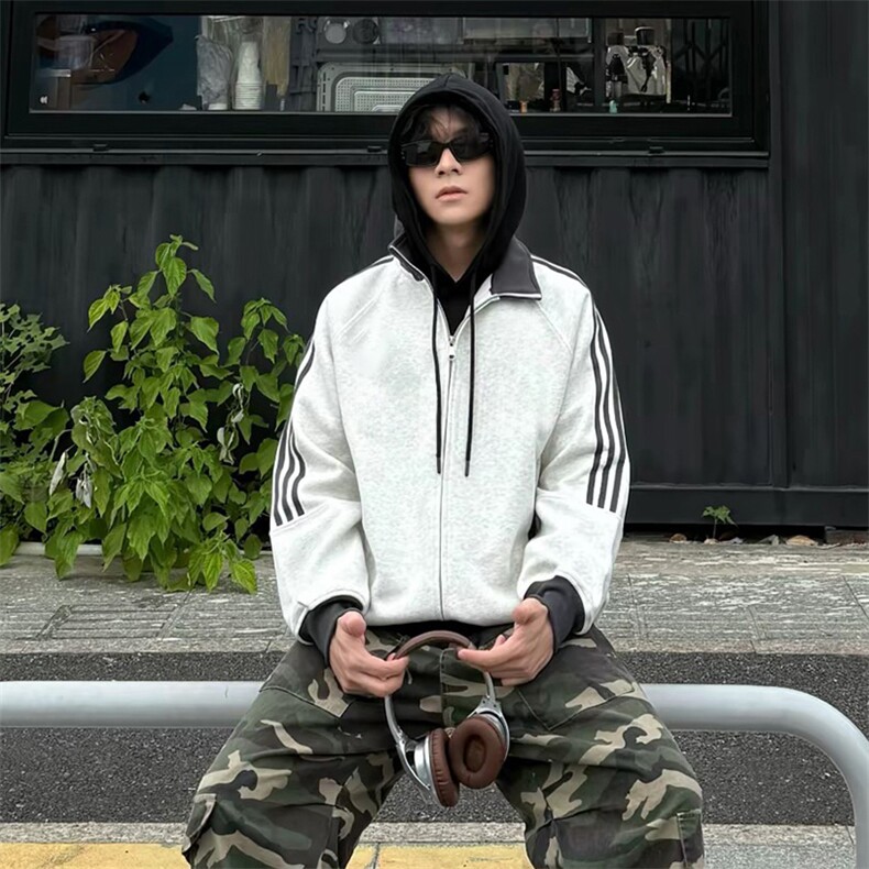 抖音得物高品质美式高街重磅结构设计拼接织带立领卫衣外套CM42，男装卫衣，电商A486