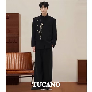 风男立领西装中式竹刺绣单排扣中山装外套大码S-5XL J62 P68图片