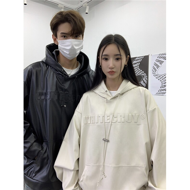 秋装港风潮美式复古压印立体情侣卫衣PU皮衣外套男女G1066P78,男装皮衣,电商A339