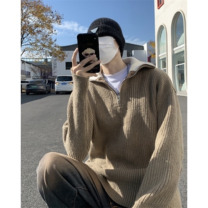 B278-P56 日系ins复古半拉链毛衣男冬季潮牌简约宽松保暖针织衫图片