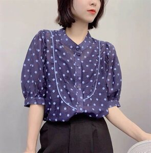欧洲站2021夏季新款欧货女装宽松波点雪纺衫女泡泡袖洋气上衣图片