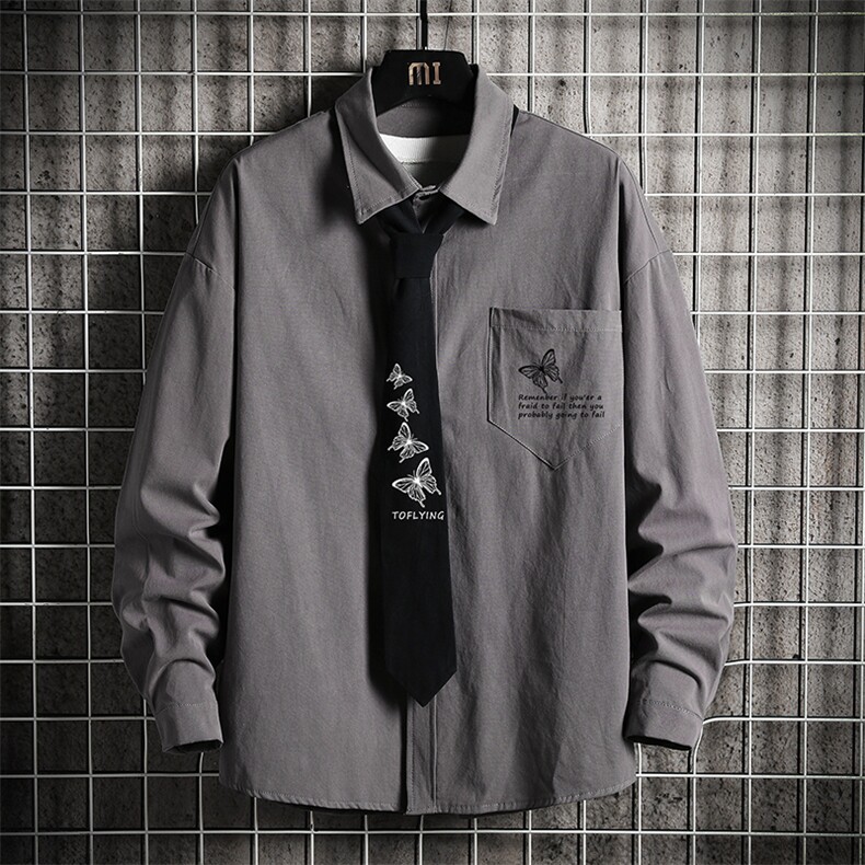 LC42108-P45加绒款P55痞帅领带长袖衬衫男士大码dk制服男jk网格,男装衬衫,电商A040A