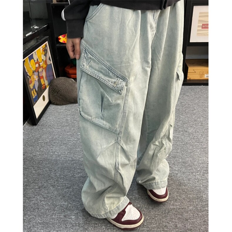 工装牛仔裤男女浅蓝色高街百搭大口袋2025春季ins长裤RK2542-P59图片