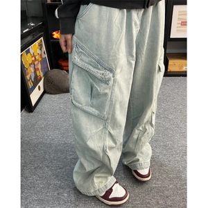 工装牛仔裤男女浅蓝色高街百搭大口袋2025春季ins长裤RK2542-P59图片