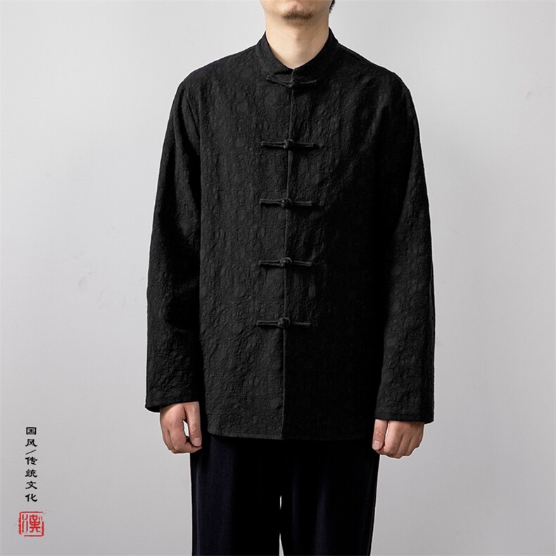 秋冬新款风男装棉麻提花立领盘扣新中式唐装衬衫C228P85,男装衬衫,钱塘802