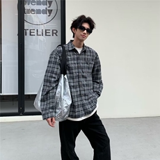 美式复古格子衬衫男长袖百搭春季字母刺绣潮牌情侣休闲外套，男装衬衫，星座716-2