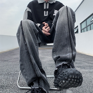 美式ins高街hiphop重工艺水洗毛边牛仔裤货号K712P65图片