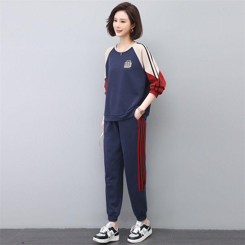 春秋新款韩版宽松大码显瘦两件套复古拼色休闲运动套装女,女装套装/套裙,忆绮罗