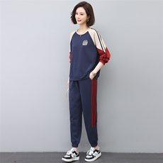 春秋新款韩版宽松大码显瘦两件套复古拼色休闲运动套装女，女装套装/套裙，忆绮罗