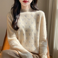 羊毛双C烫钻半高领针织衫打底衫毛衣宽松上衣，女装针织衫/毛衣，春韵羊绒
