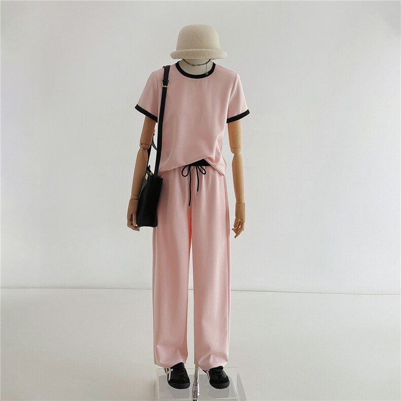 高级感休闲运动套装女夏洋气显瘦圆领拼接短袖上衣阔腿长裤两件套图片