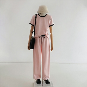 高级感休闲运动套装女夏洋气显瘦圆领拼接短袖上衣阔腿长裤两件套,优衣库秋装女搭配图片