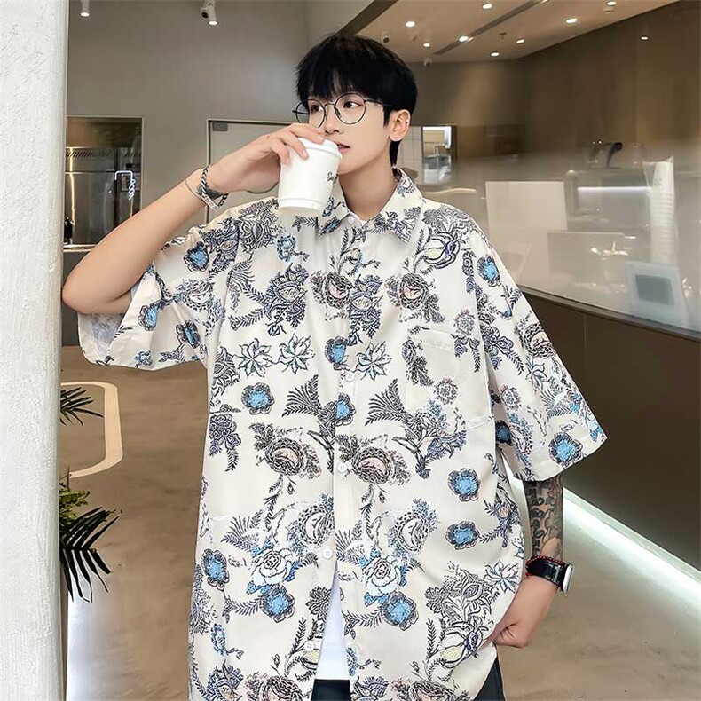 泰式花衬衫短袖男夏季薄款冰丝五分袖衬衣中国风印花宽松大码寸衫,男装衬衫,电商A128
