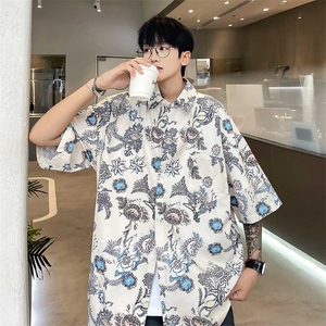 泰式花衬衫短袖男夏季薄款冰丝五分袖衬衣中国风印花宽松大码寸衫图片