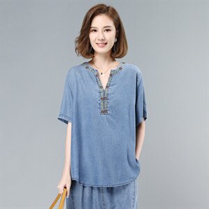 宽松大码显瘦天丝水洗牛仔休闲时尚女时髦洋气图片