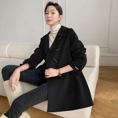 现货2024新款牛角扣双面羊绒大衣手工缝制羊毛呢外套,女装双面呢大衣,丝露依尚（原SL）