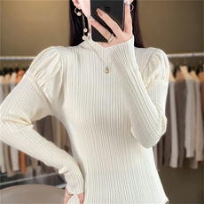 时尚百搭花苞袖高领针织衫修身显瘦仿羊毛毛衣女款，女装针织衫/毛衣，暖姿羊绒