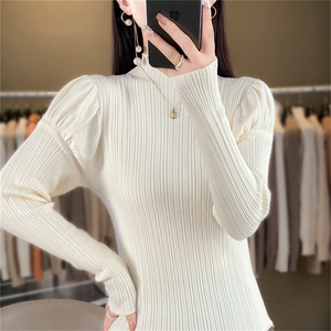 时尚百搭花苞袖高领针织衫 修身显瘦仿羊毛毛衣女款图片
