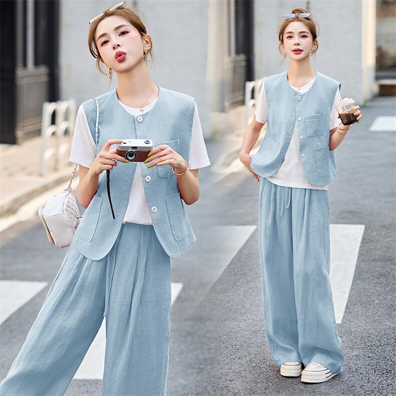小香风休闲套装女夏2025新款高级感时尚洋气马甲T恤阔腿裤三件套，女装套装/套裙，布芭啦