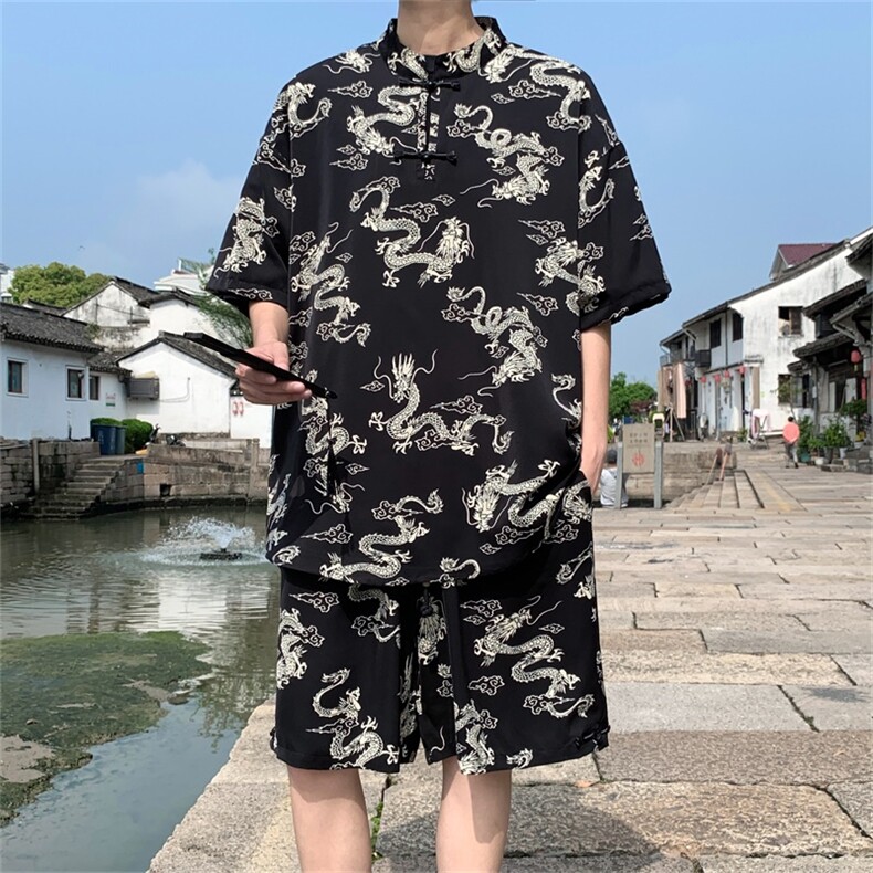 DSA028-TZ2402 特P50 量大优供视频新风龙纹冰丝短袖短裤套装男图片