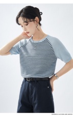 2025春夏条纹针织衫精纺羊毛短袖女宽松显瘦插肩，女装T恤，德聚羊绒