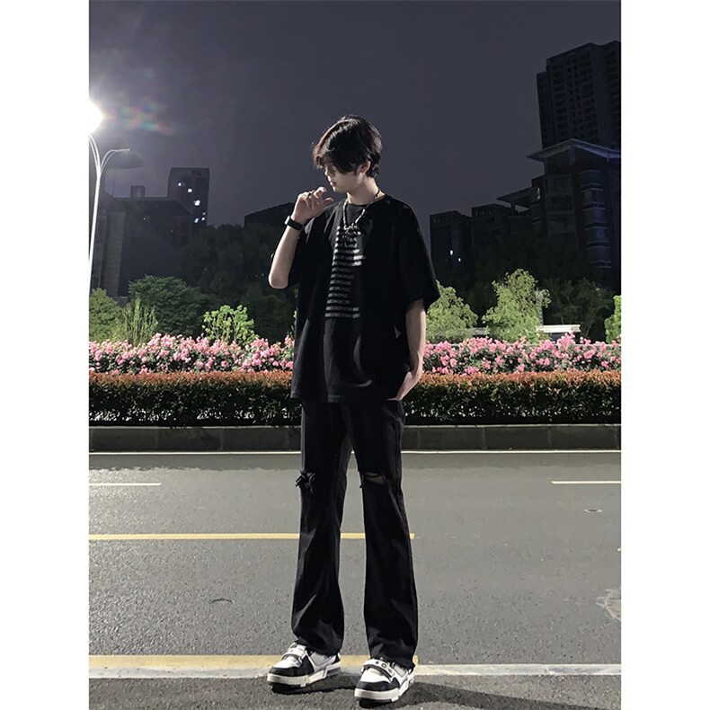 B221 美式ins高街简约小众设计毛边破洞牛仔裤 LK23067-P60 控78图片