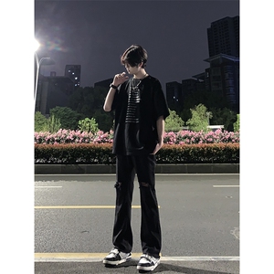 B221 美式ins高街简约小众设计毛边破洞牛仔裤 LK23067-P60 控78图片