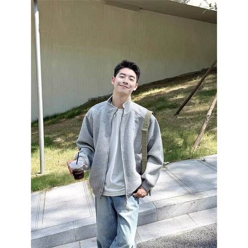 流行美式复古立领开衫拉链卫衣男春秋款灰色宽松休闲外套潮流简约图片