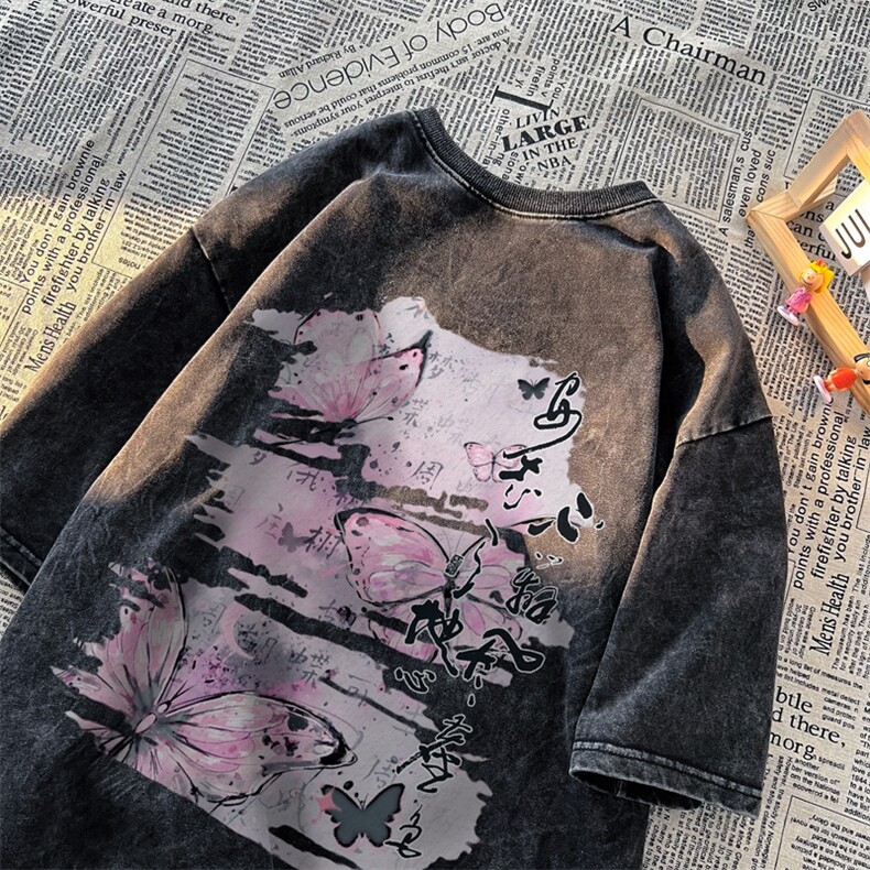 潮牌宽松短袖t恤蜡染美式复古高街水洗做旧517A-2-SX255-P38图片