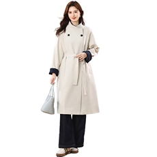 撞色风衣女中长款2025春秋季新款中老年妈妈宽松大码时尚休闲外套，女装风衣，江忆布依