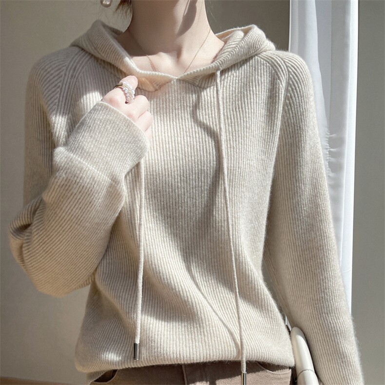 秋冬新款连帽卫衣女帽衫套头长袖连帽系绳山羊绒针织纯色上衣宽松，女装羊绒衫，轩妮羊绒
