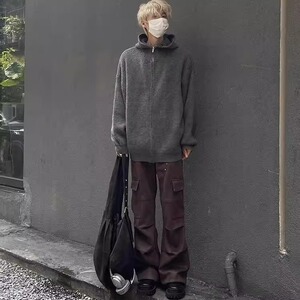 美式复古拉链连帽开衫毛衣男女春秋慵懒风休闲针织衫MYL108图片